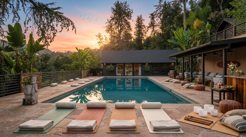 Pool deck with yoga mats at sunset