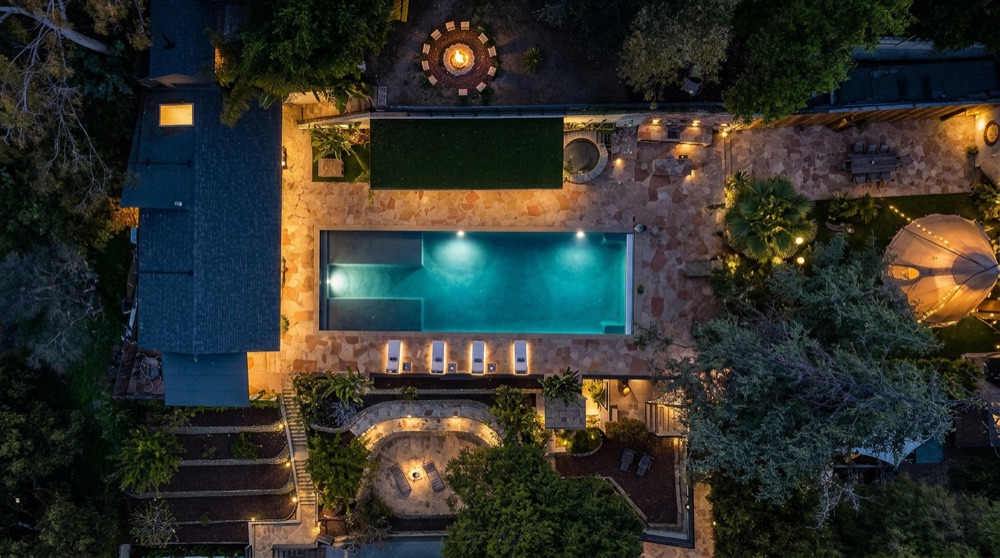 Top-down drone shot of the pool deck