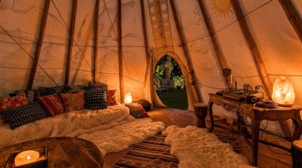 Teepee studio with mics, sun mural