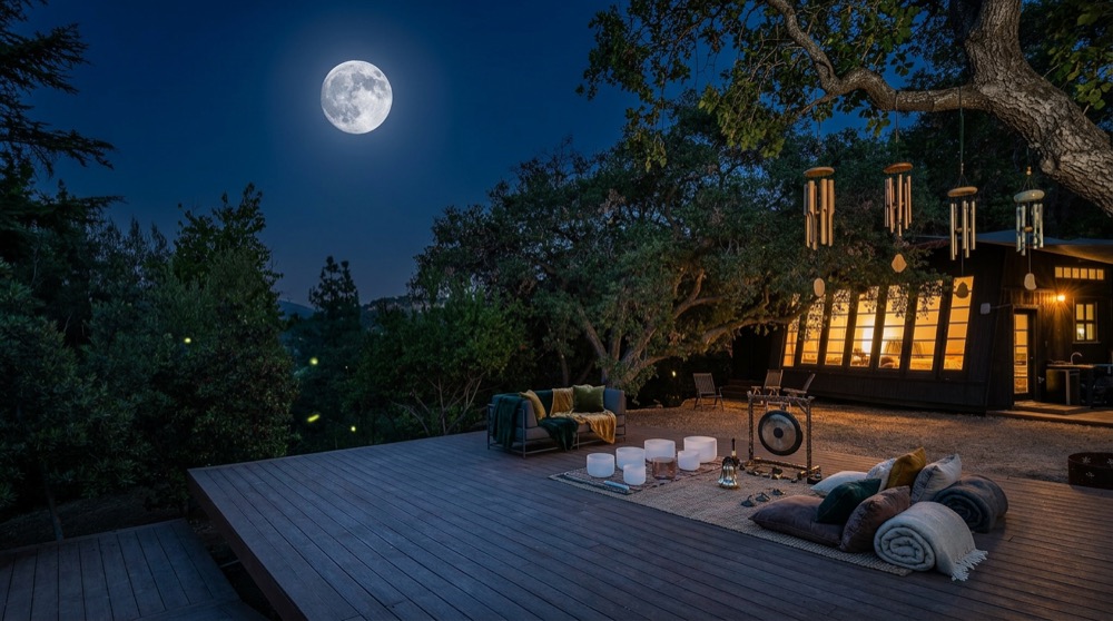 Sound bath setup under a full moon