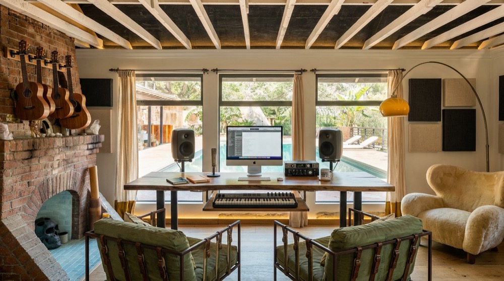 Writing studio with guitars and dual-monitor desk