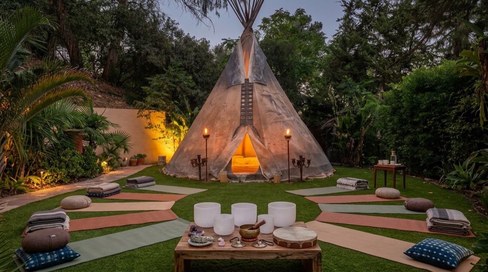 Teepee at dusk with sound bowls and cushions for a ceremony