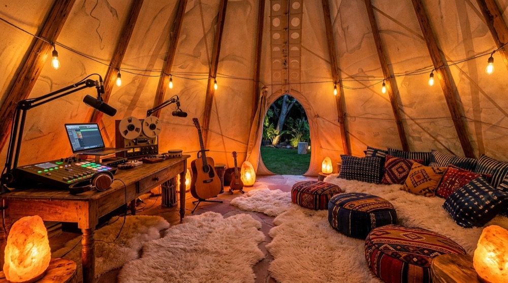 Teepee recording setup with salt lamps