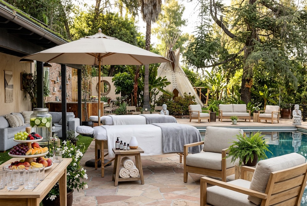 Outdoor poolside spa setup