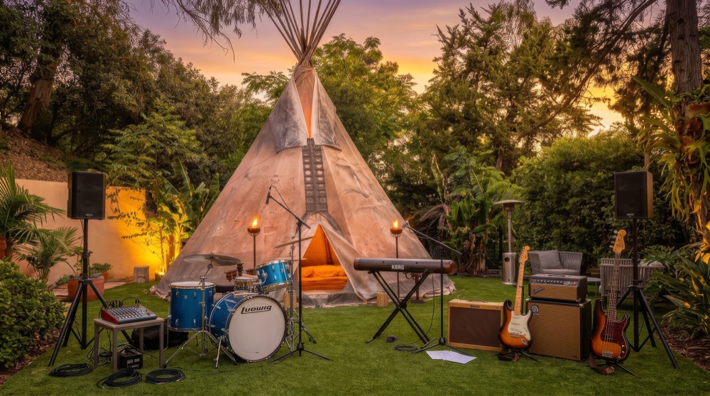 Outdoor concert setup with drums, keys, guitars and PA